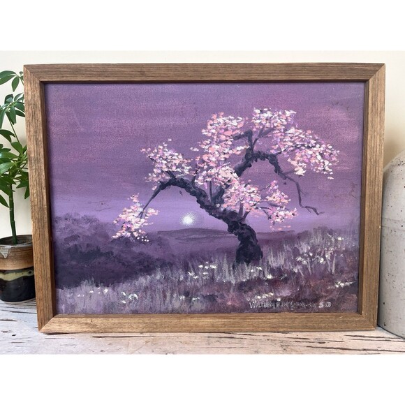 Vintage Signed Framed Oil Painting Cherry Blossom Tree At Dusk W/Moon Is Rising - Picture 2 of 9